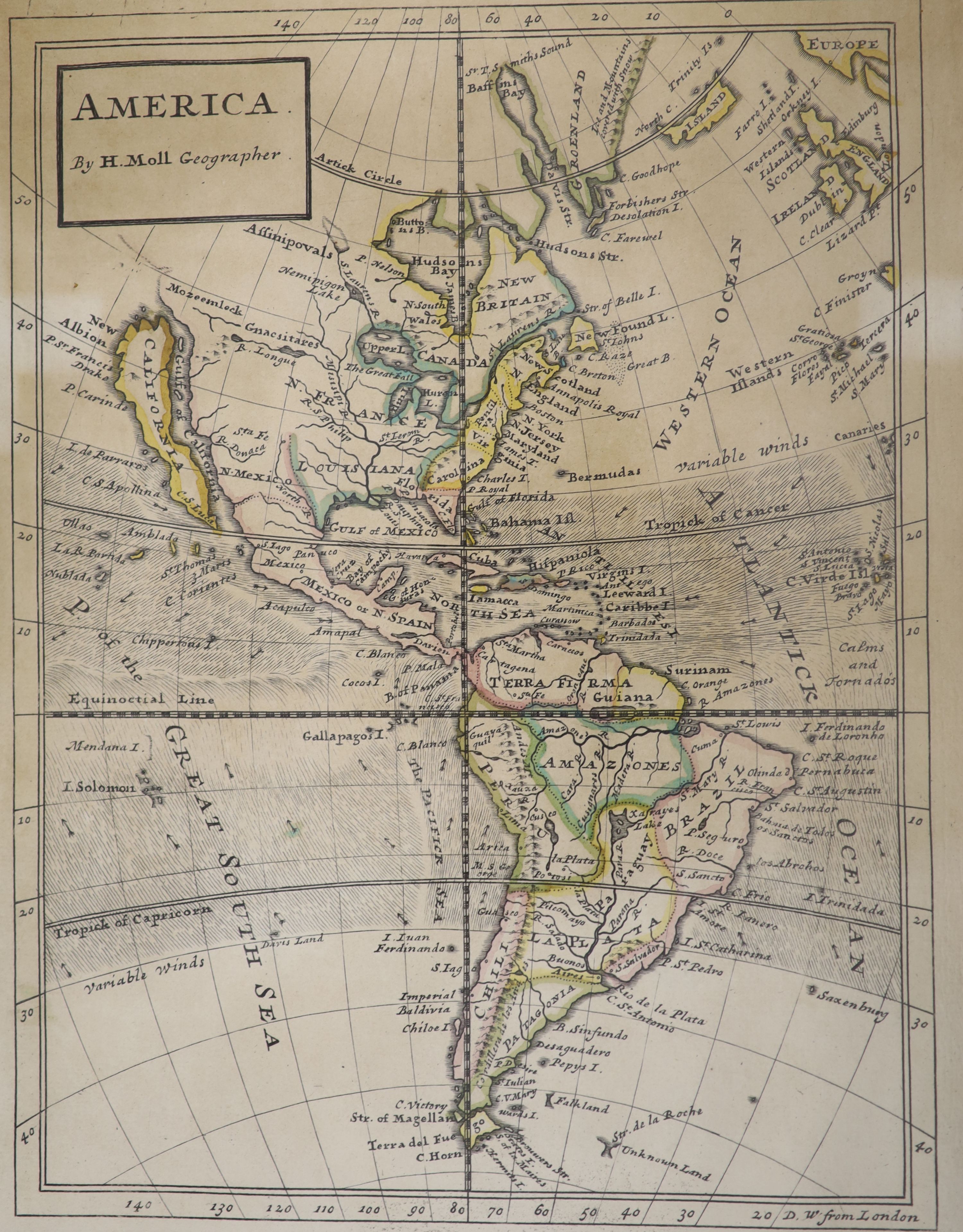 Herman Moll, coloured engraving, Map of America, 28 x 22cm